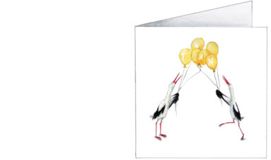 1606 | storks with yellow balloons | birth announcement | baby card