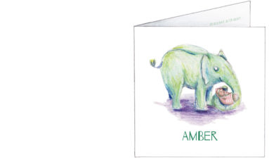 1609 | green elephant with baby | birth announcement | baby card