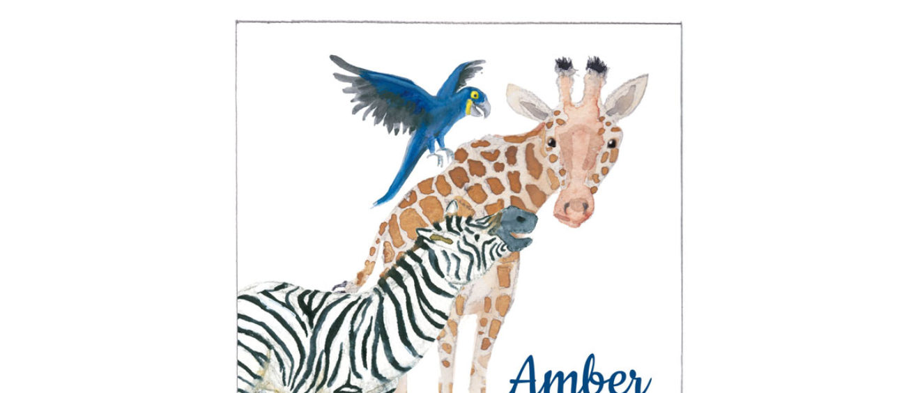 1621e | African giraffe, zebra and hyacinth macaw | birth announcement | baby card