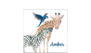 1621e | African giraffe, zebra and hyacinth macaw | birth announcement | baby card