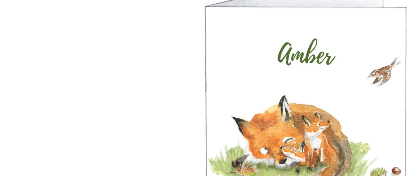 1622 | fox family with a wren | birth announcement | baby card