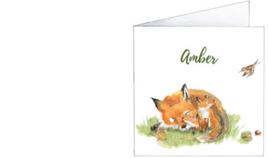 1622 | fox family with a wren | birth announcement | baby card