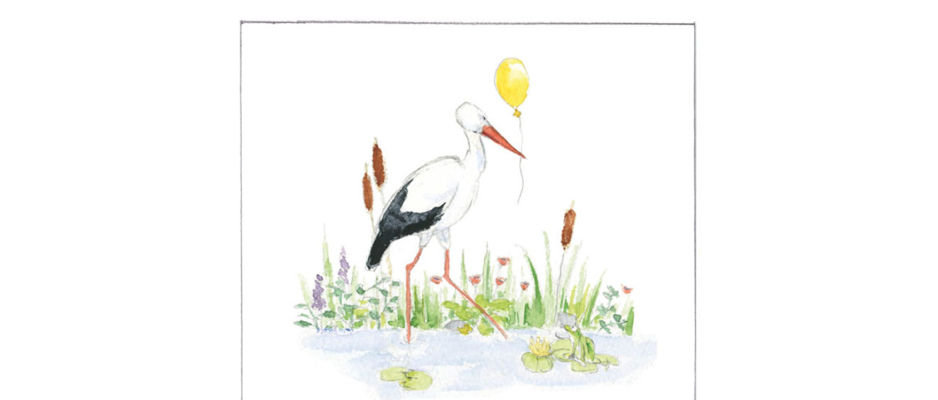 1626e | stork with a yellow balloon and a frog | birth announcement | baby card