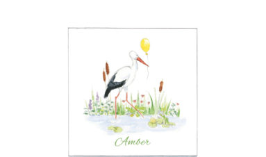 1626e | stork with a yellow balloon and a frog | birth announcement | baby card