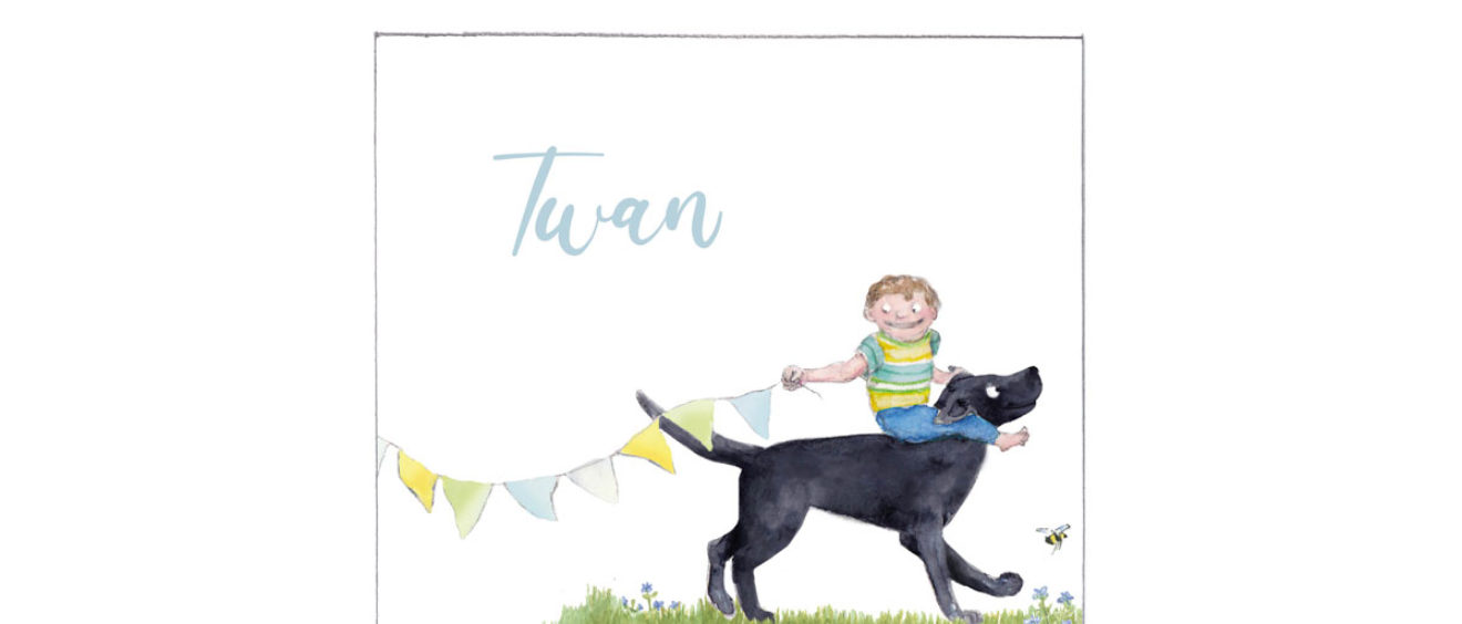 1632e | toddler on a black dog with a garland | birth announcement | baby card