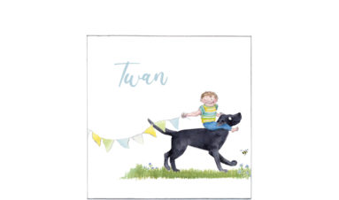 1632e | toddler on a black dog with a garland | birth announcement | baby card