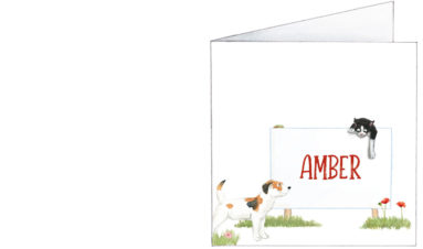 1633 | a happy German german shepherd dog with a Jack russe terrier and a black and white cat | birth announcement | baby card