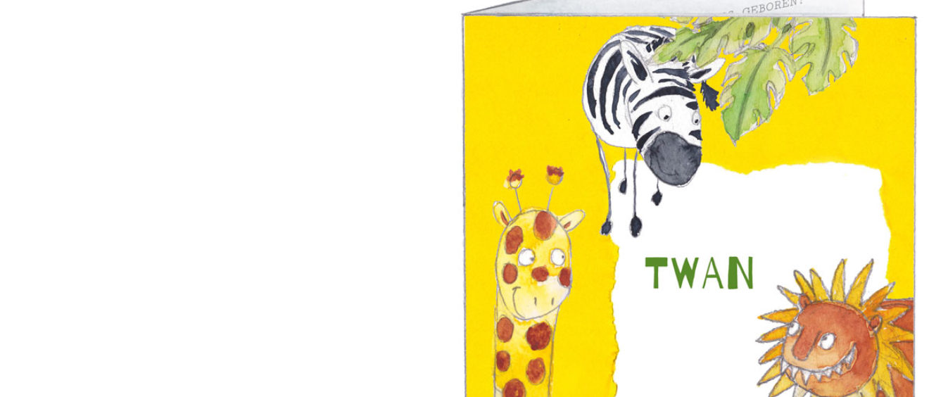 1640 | sunny card with a zebra, giraffe, lion, tiger and a crocodile | birth announcement | baby card