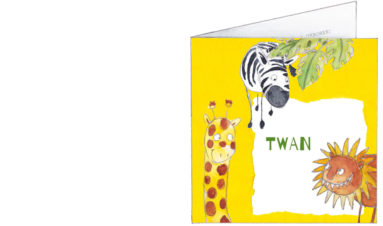 1640 | sunny card with a zebra, giraffe, lion, tiger and a crocodile | birth announcement | baby card