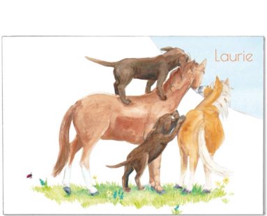 Maatwerk kaart; paarden en labradors. Custom-made card; horses and labrador dogs.